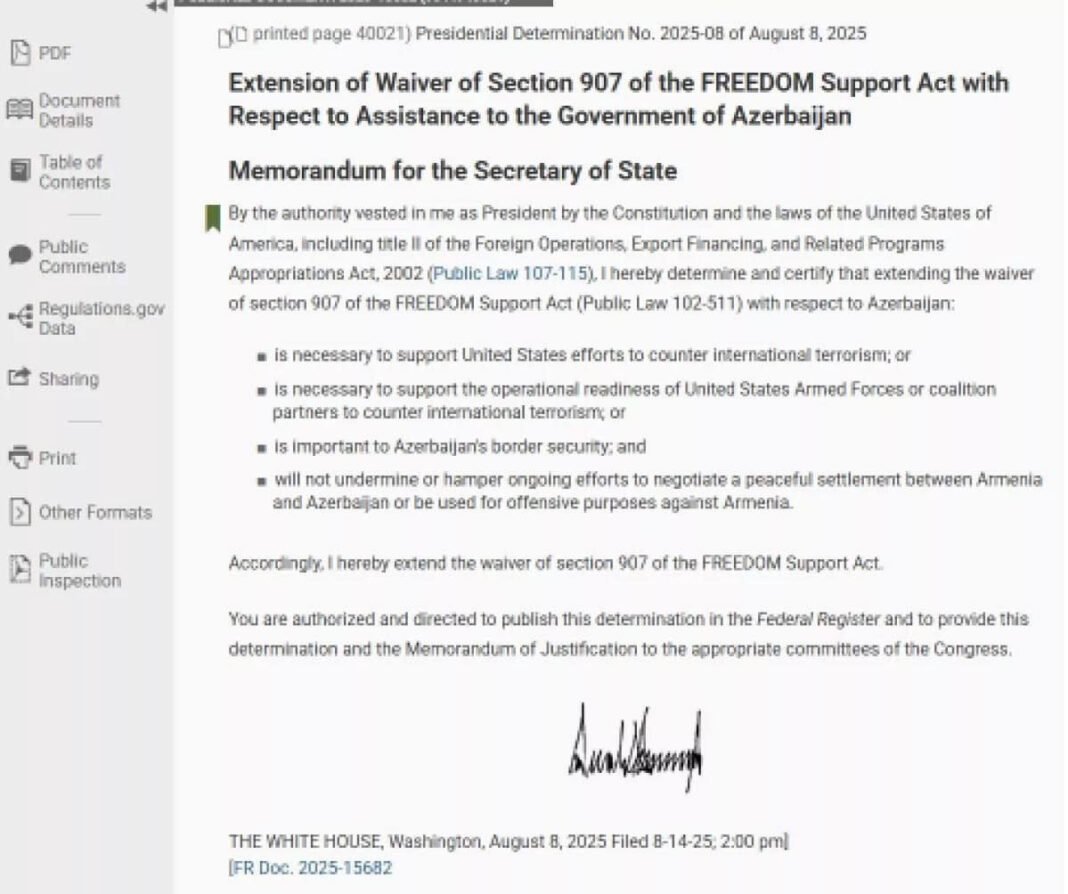 ABD, 907 numaralı değişikliğin askıya alınmasının uzatılmasına dair Trump memorandumunun metnini yayımladı