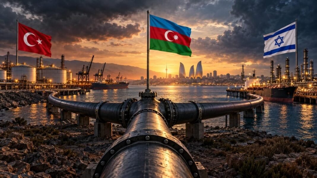 Azerbaycan, Türkiye ve İsrail bayrakları ile petrol boru hattı ve tanker