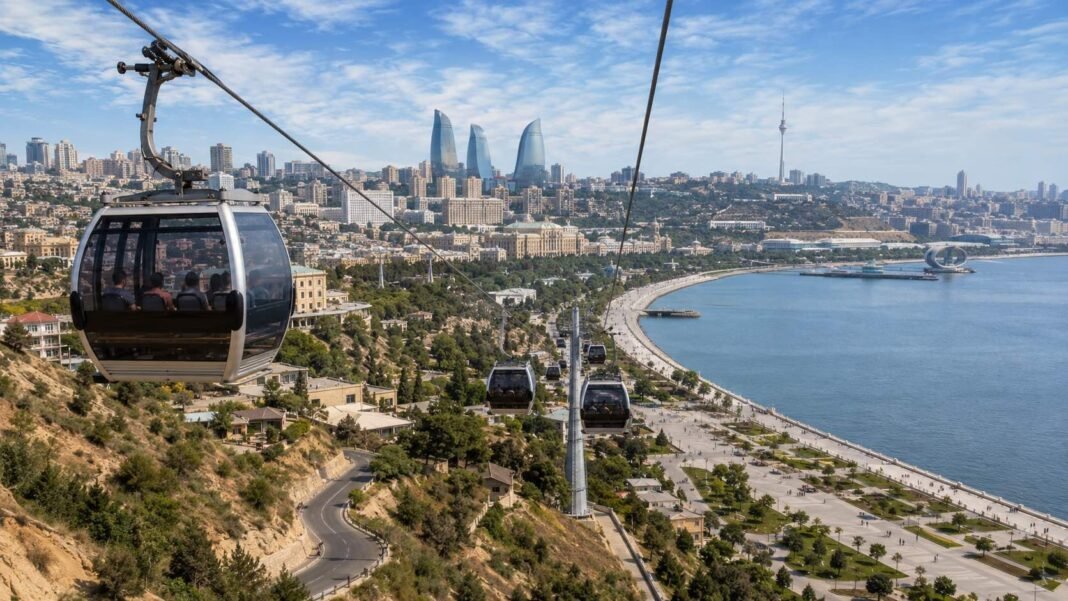 Bakü teleferiğinde güzergâh, takvim ve ücret hâlâ açıklanmadı Bakü sahili üzerinde teleferik kabinlerini gösteren temsili görsel