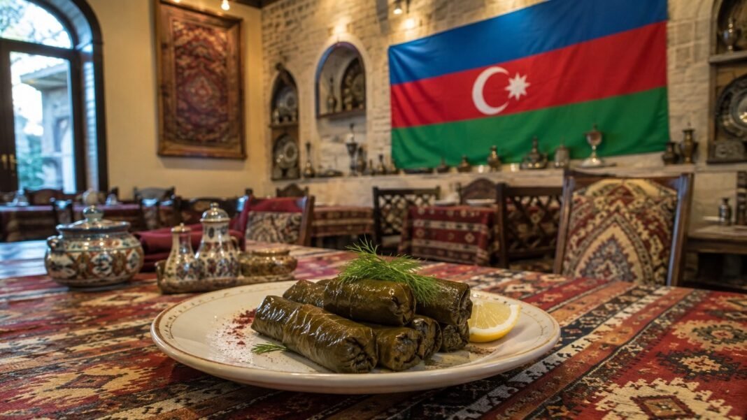 Azerbaycan bayrağı önünde geleneksel restoranda servis edilen dolma