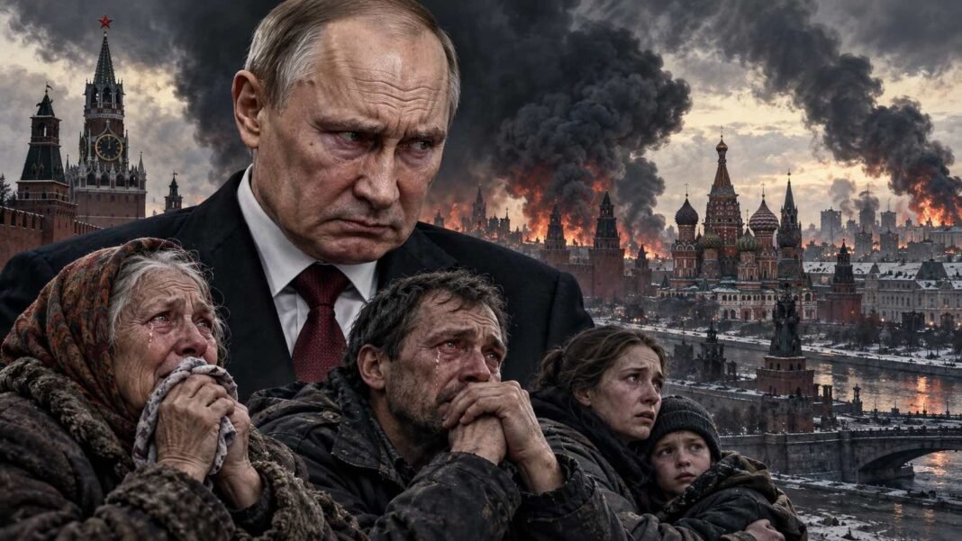 Putin tuzağa düştü: Savaşın bedelini sıradan Ruslar ödüyor Vladimir Putin, siviller ve dumanlı Moskova’yı gösteren editoryal illüstrasyon